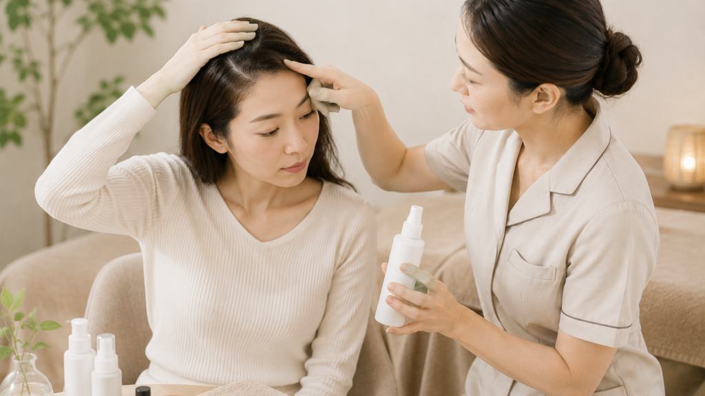 ドライヘッドスパの施術を受けながら静かに休息している場面を主題とし、頭をほぐすケアと心身を休ませる時間の両方がこの記事のテーマであることがひと目で伝わる内容。