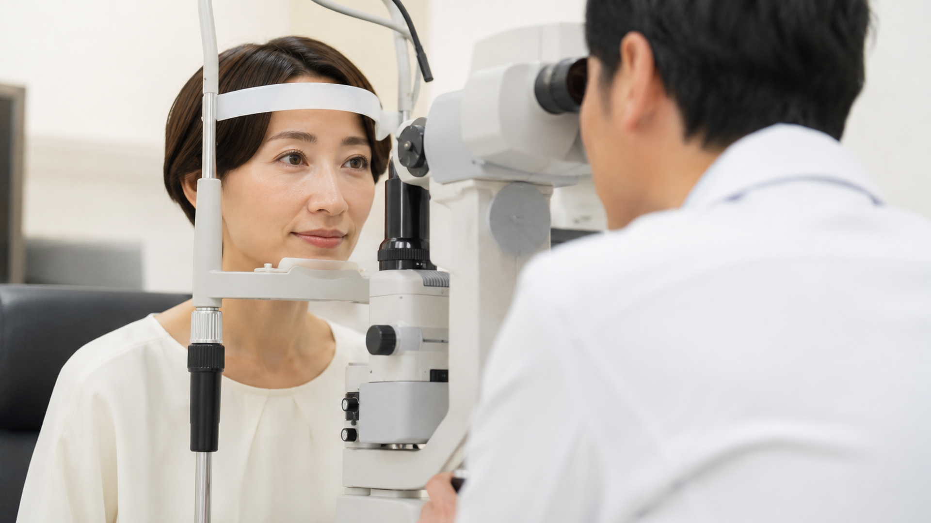 眼科で視力や目の状態について検査を受ける大人