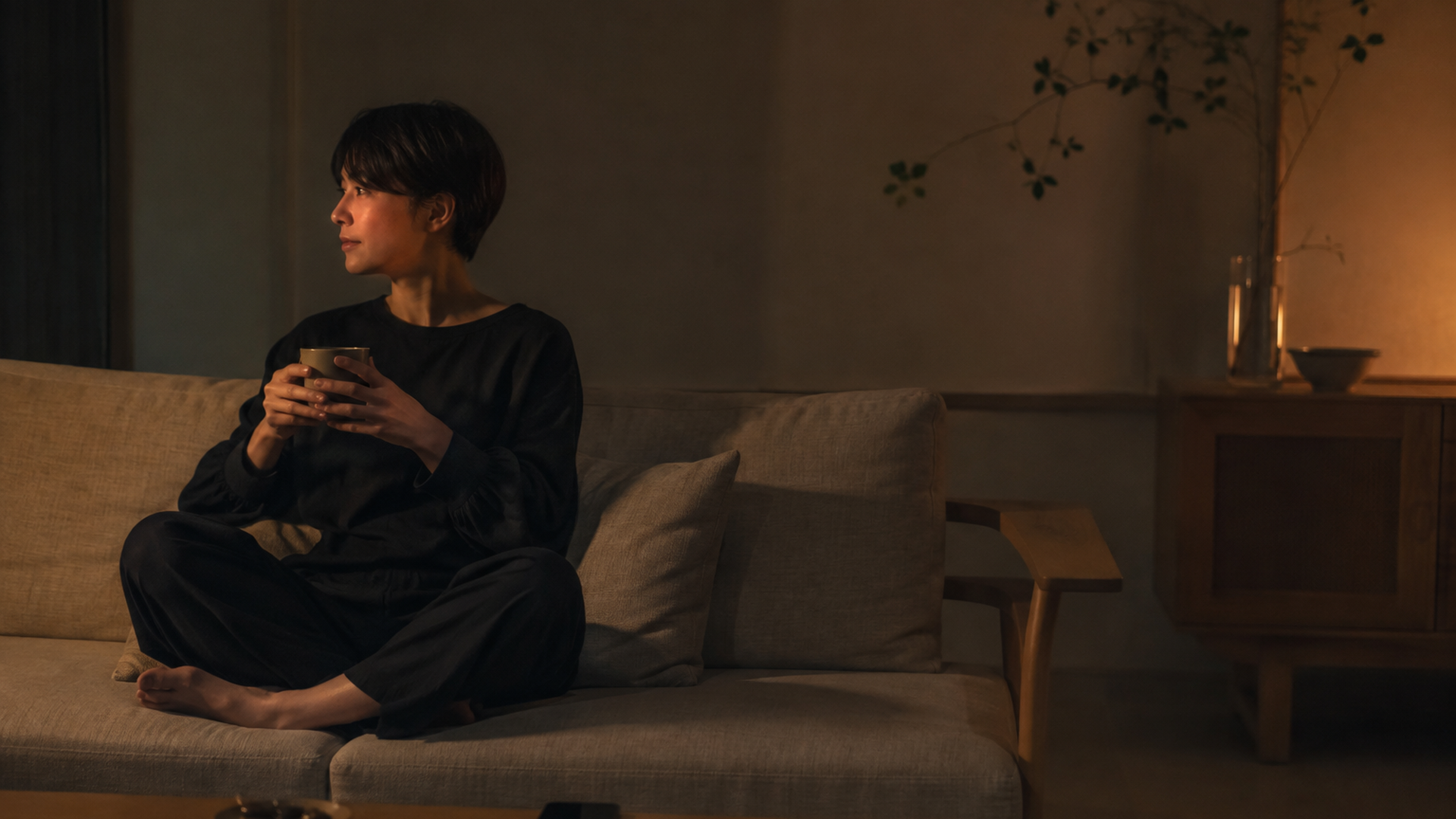 夜の部屋で照明を落としスマートフォンを置いて静かに過ごす大人