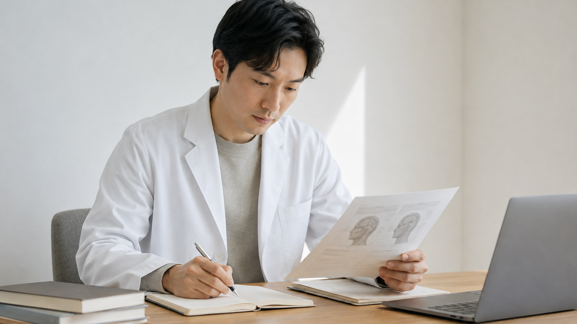 頭部マッサージに関する研究資料を確認しながらノートに記録する研究者