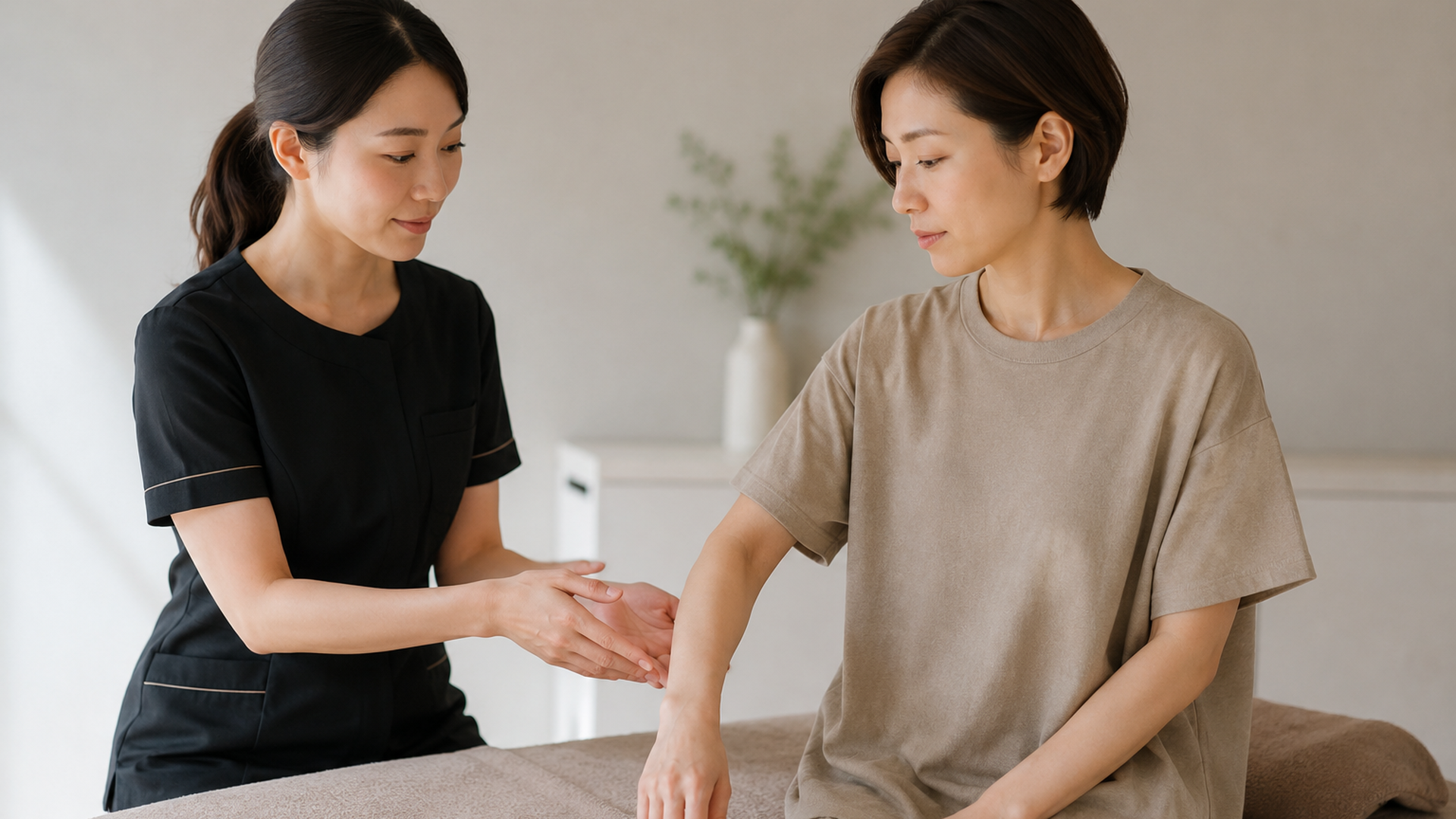 施術前にセラピストと施術範囲や力加減を確認する大人