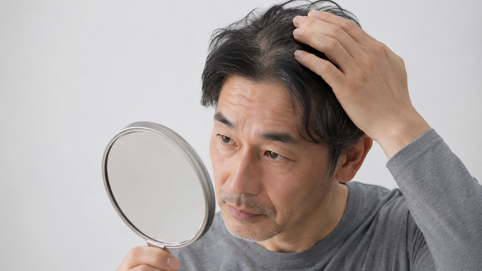 鏡で頭皮の赤みや傷の有無を確認している大人